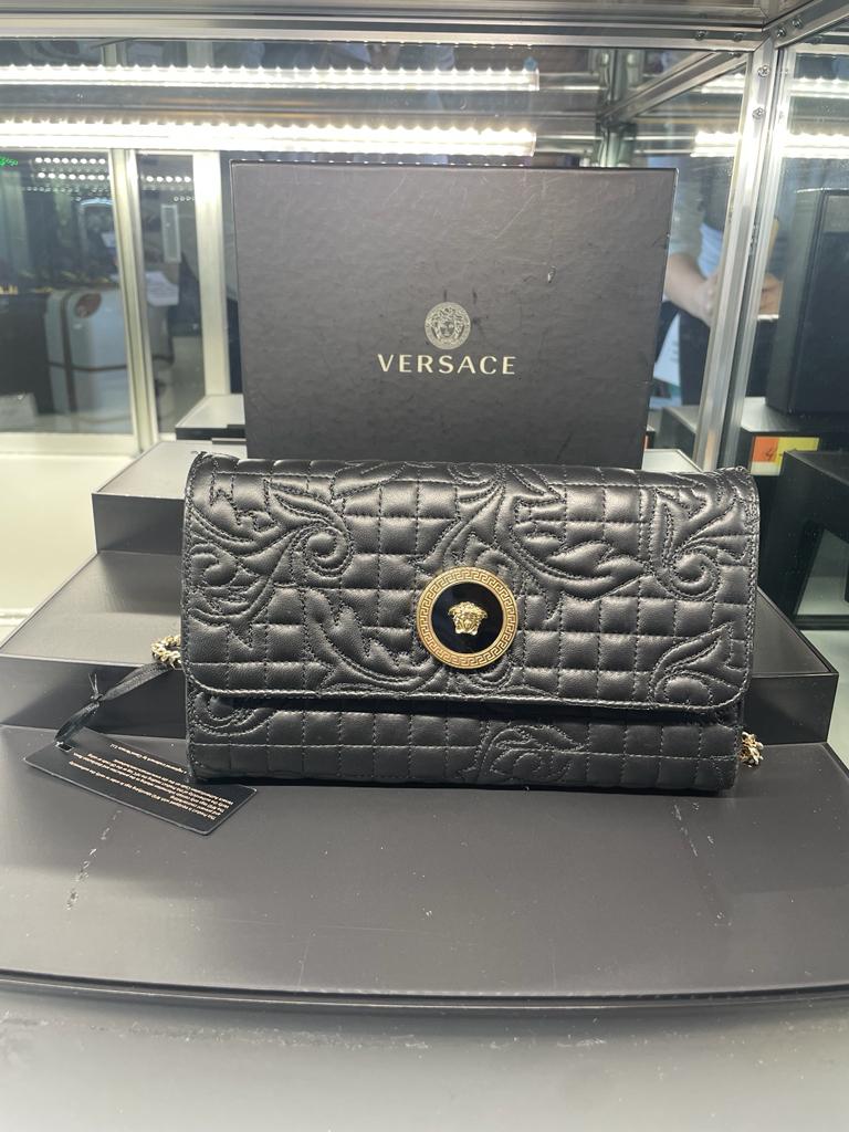 Versace Black Quilted Medusa Icon Baroque Envelope Clutch Wallet On Chain Bag